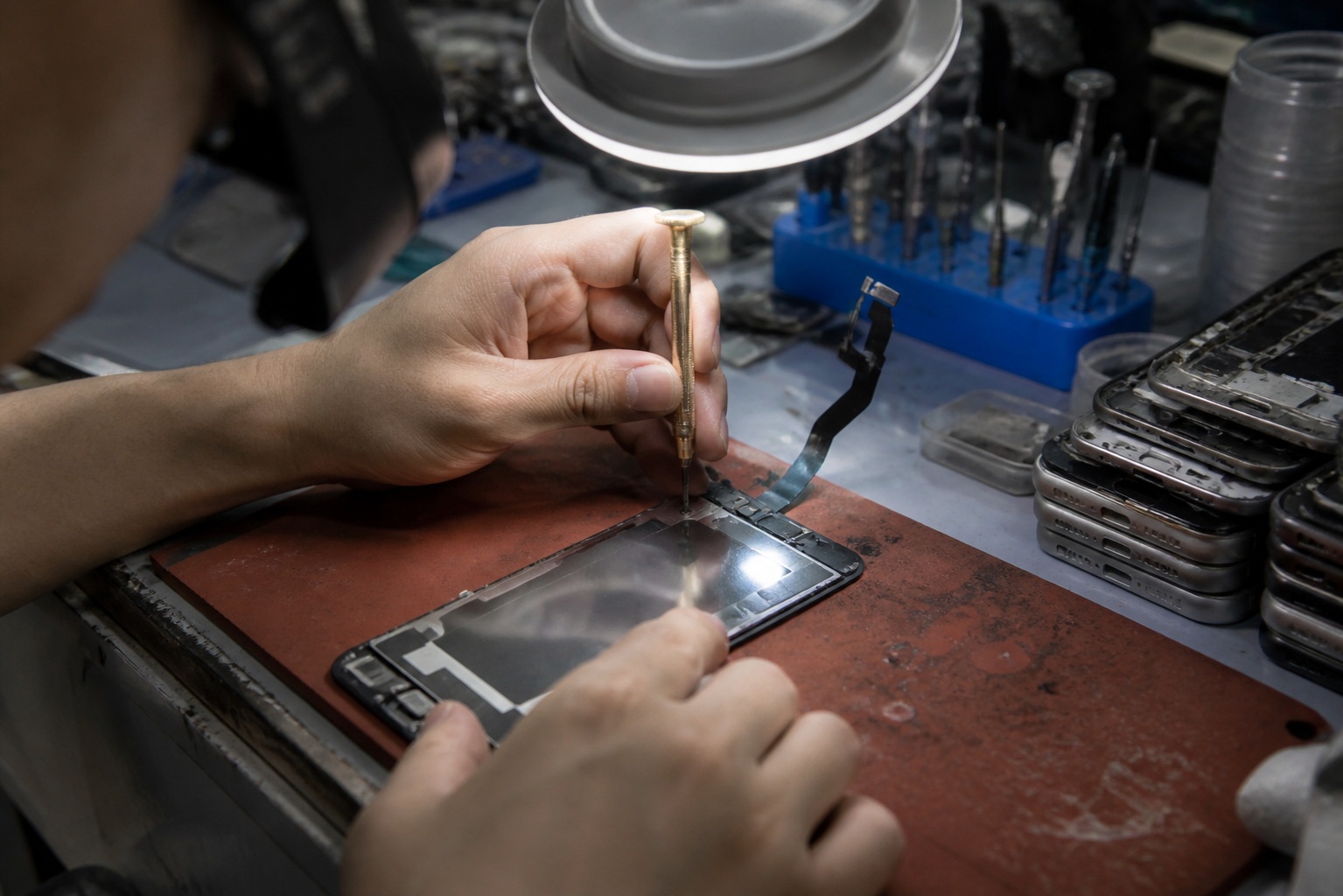 A technician replacing a smartphone screen at the repair desk