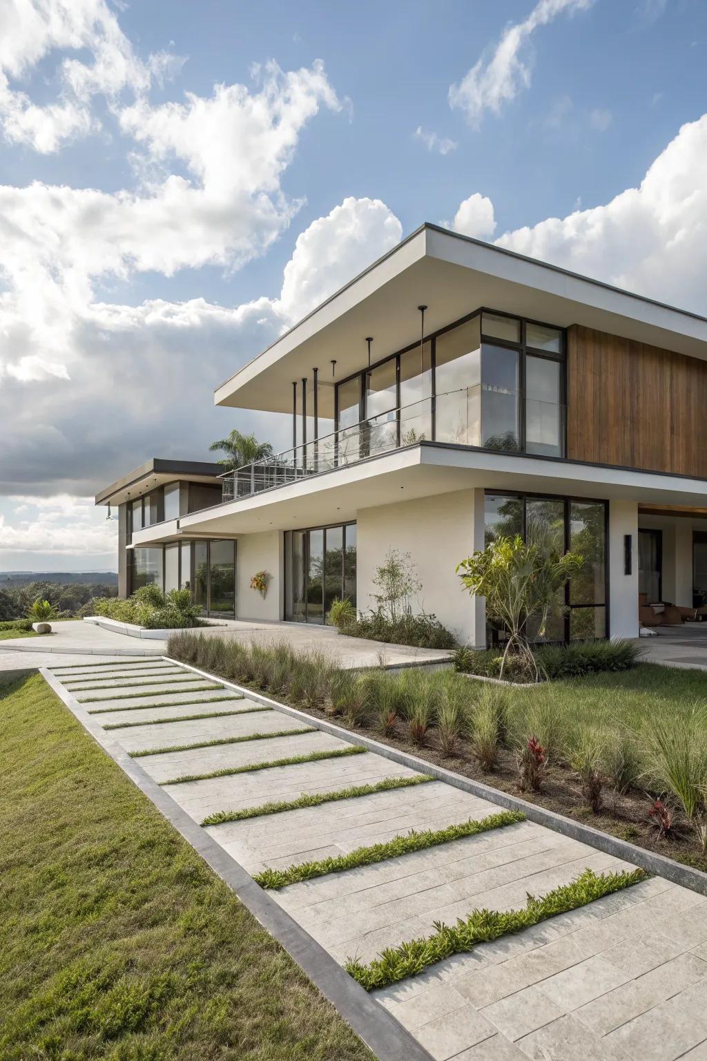 Modern luxury house with glass walls and a landscaped garden path