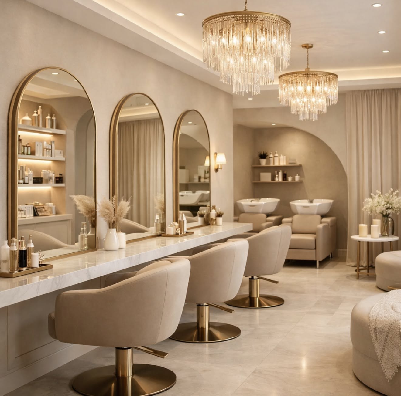The Velvet Rose salon floor — arched gold mirrors, cream styling chairs and crystal chandeliers