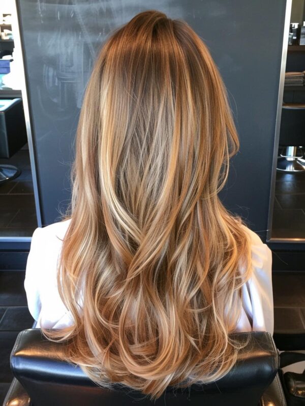 Long hair with a fresh caramel balayage, seen from behind in the salon chair
